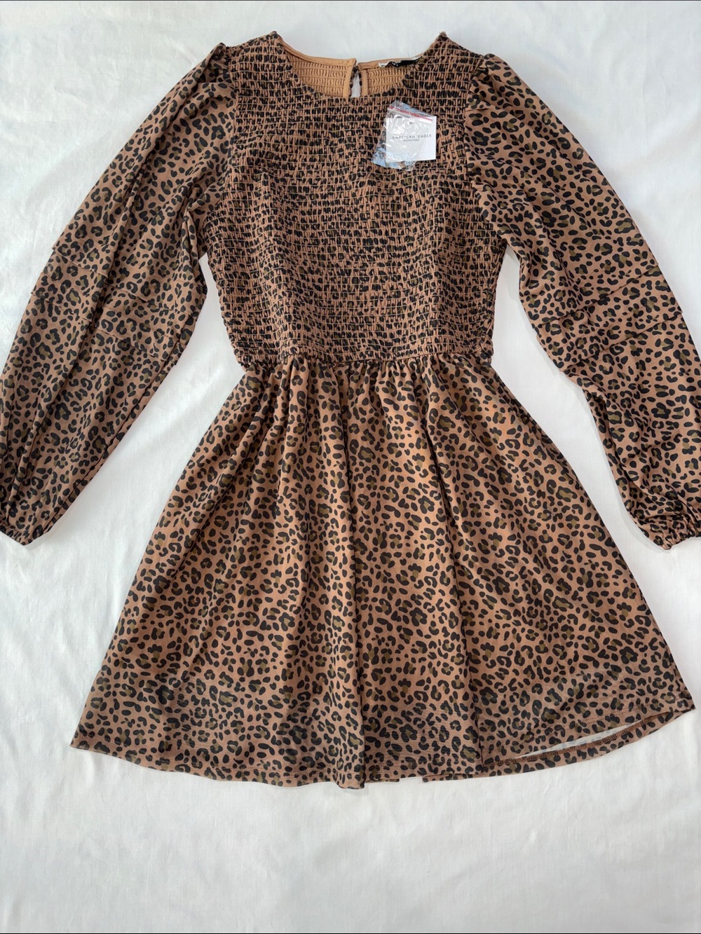 American Eagle Outfitters Brown Leopard Smocked Mini Dress